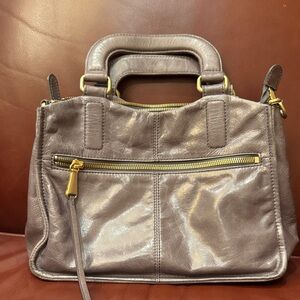 HOBO Metallic grey Leather Satchel with Gold Hardware
